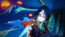 Genshin Impact update 4.4: A woman with long, flowing black hair and red-framed glasses smiles, lanterns floating above her in the night sky