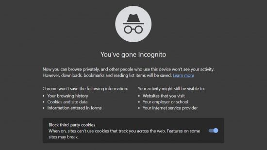 Google Chrome Incognito Mode disclaimer text