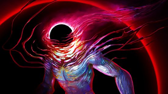 Grime expansion: A man-like being with a black hole-esque head stands against a dark red backdrop, lights emanating from its body