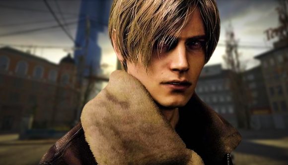 Half-Life 2 Resident Evil 2 remake: A man with short shaggy hair stares ahead from his side, a leather coat with fur trimming on him and a city backdrop behind him