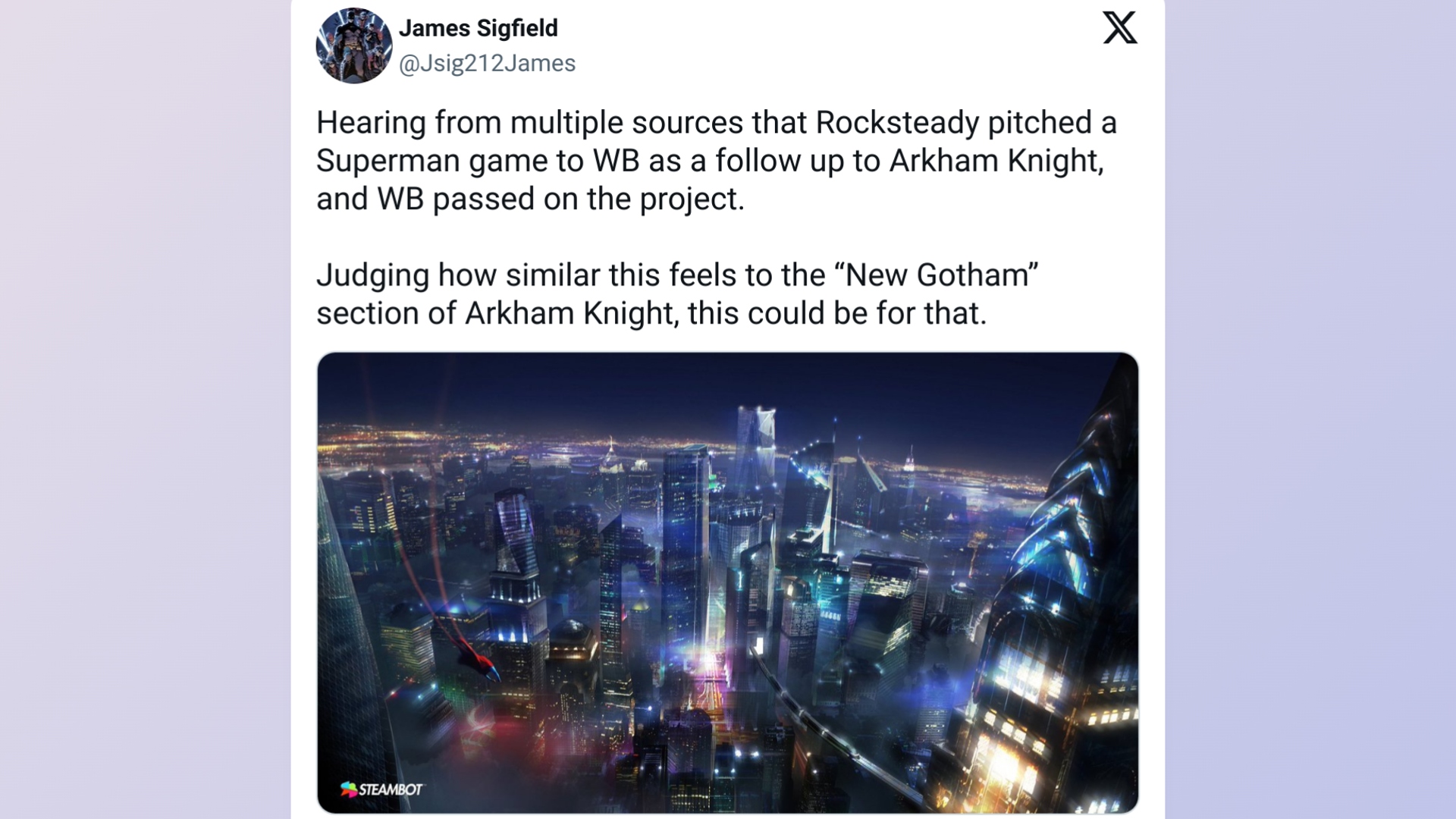 James Sigfield's initial claim regarding Rocksteady Studios pitching a Superman game