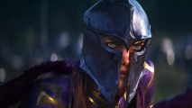 League of Legends ranked ARAM: A woman with light blue eyes and a purple cloak wears a heavy metal helmet, her expression nervous through its slit
