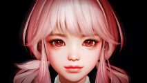 Lost Ark January update: A young girl with reddish pink eyes and pastel pink hair tied at either side in pigtails smiles slightly