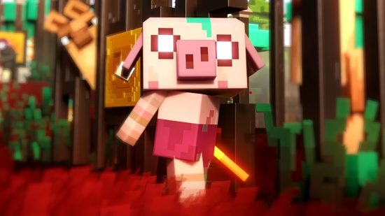 Minecraft Legends dead: A blocky pig-like character with wide glowing eyes stares ahead, a flaming rod in his laft hand and wildlife looking on behind him
