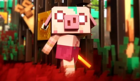 Minecraft Legends dead: A blocky pig-like character with wide glowing eyes stares ahead, a flaming rod in his laft hand and wildlife looking on behind him