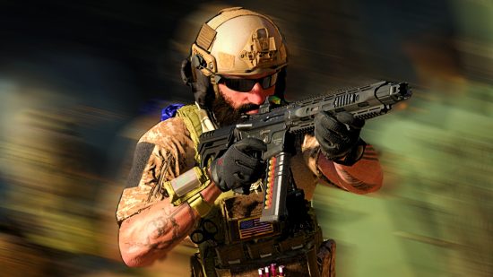 Modern Warfare 3 ranked play: A man wearing military armor gear holds an automatic rifle up, sunglasses covering his eyes as his background blurs in motion
