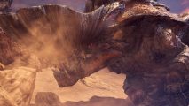 Capcom's best RPG skyrockets in player numbers, beating The Finals: Image of armored dinosaur-like monster kicking up sand in a dusty mountainous area.
