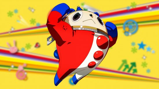 Persona 4 Game Pass: A teddy bear-like creatur with a red and white buttoned onesie outfit jumps, a determined look on its face and a yellow backdrop behind it
