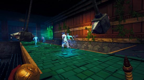 Ghostrunner meets India Jones as 9/10 roguelike gets 1.0 Steam date: Image of player preparing to run through a mass of swinging spikes with other players nearby inside a temple.