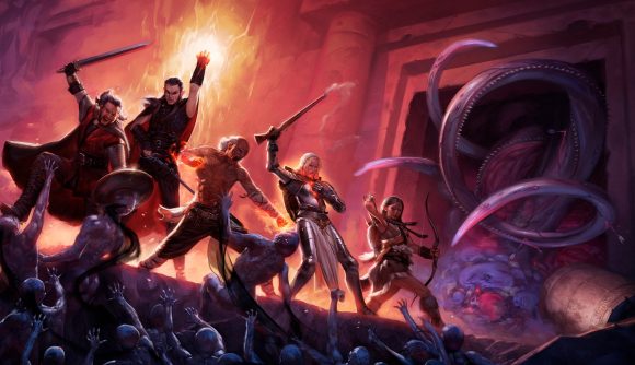 Image of band of adventurers fighting off a swarm of undead creatures inside a dark crypt.