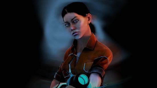 Portal 64: Chell, a woman with tied-back dark hair and an orange suit, stares ahead wielding a blue portal gun