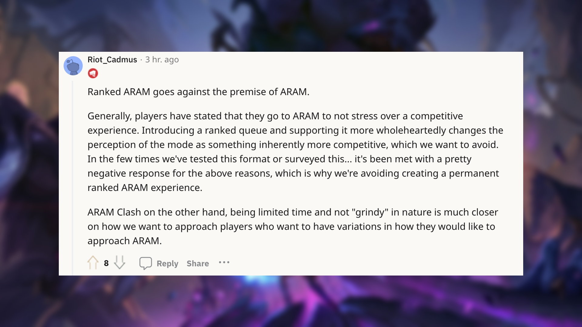 Riot Cadmus' response in the Reddit AMA regarding the possibility of League of Legends ranked ARAM