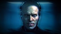 RoboCop Rogue City New Game Plus: A bald man wearing what appears to be a black headset stares ahead, his expression stern
