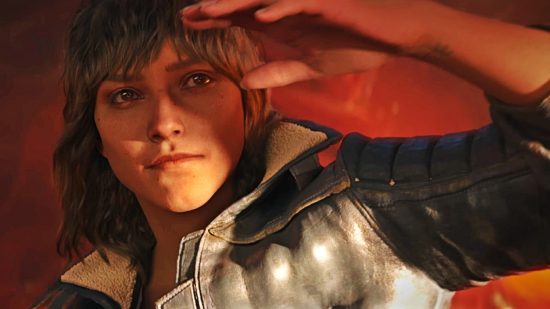 Star Wars Outlaws release: A woman with short brown hair looks into a bright light, her hand held up against her head to shield it from her eyes