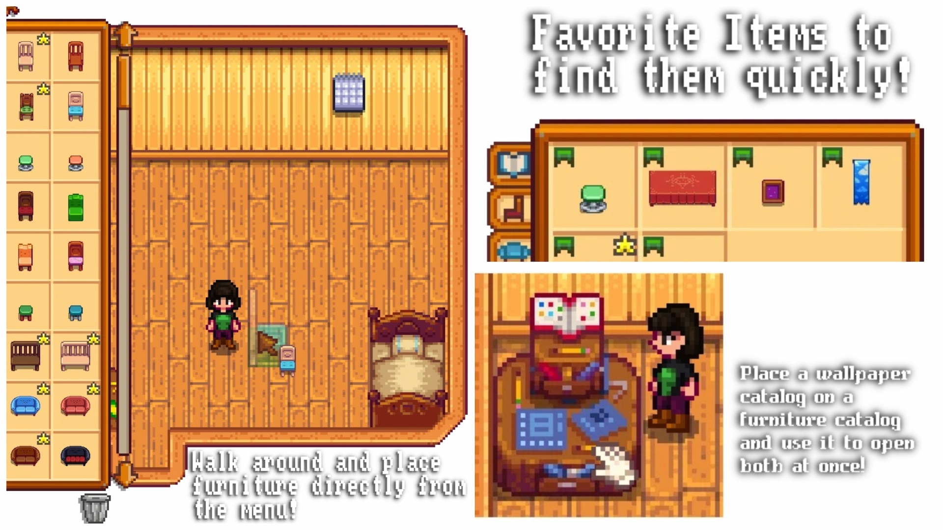 Stardew Valley Happy Home Designer mod examples showing the catalogue for furniture combined with wallpapers and floors