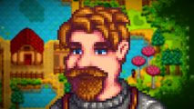 Stardew Valley home mod: A pixel art man with short brown hair and blue eyes stands with a colorful farm and pond backdrop behind him