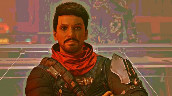 Starfield Steam Awards: A man with short brown hair and a clean mustache stands with his arms crossed, a red bandana around his neck