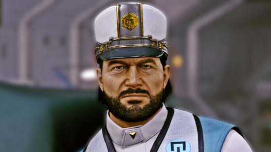 Starfield update: A man wearing a white and blue uniform with gold trimming stares ahead, a blank expression on his bearded face