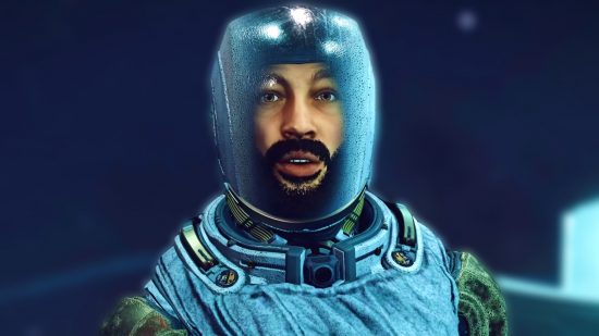 Starfield update delay: A man wearing an astronaut-like spacesuit with a glass helmet stares ahead looking surprised, his mouth open