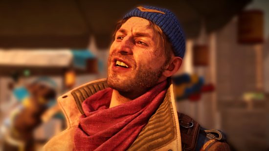 Suicide Squad Kill the Justice League multiplayer game: A man with shaggy blonde hair and facial hair smiles with his teeth showing, a red bandana around his neck and blue beanie atop his head