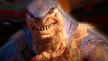 Suicide Squad Kill the Justice League closed alpha NDA: A half-human, half-shark man stands smiling, two rows of pointed teeth showing as the background behind him blurs