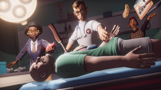 Image of doctor and nurses conducting surgery on a man on a stretcher in medical room.