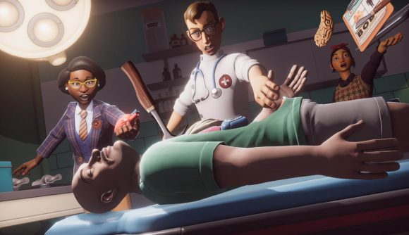 Image of doctor and nurses conducting surgery on a man on a stretcher in medical room.