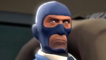 Team Fortress 2 fan remake: A spy character from TF2 wearing a ski mask looks to the side, an annoyed expression on his face