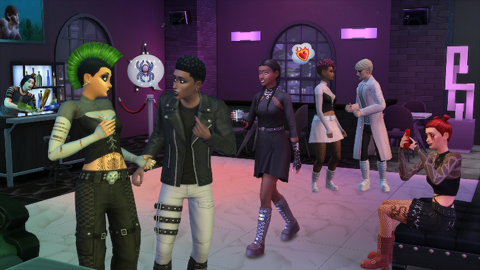 El kit gótico en abundancia de Los Sims 4: una captura de pantalla de los Sims en una fiesta vistiendo ropa oscura de estilo gótico