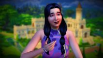 The Sims 4 new kits: A woman with long dark hair wearing a purple top smiles, a blurred image of a castle behind her