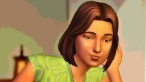 The Sims 4 Sensation: A woman with short brown hair and a lime green shirt with floral designs on it sits with her head resting against her left hand