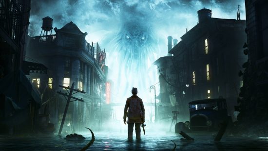 Image of man with brimmed hat walking through flooded streets at night, looking at a blue tentacle-like creature in the distance.