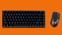 Alienware Pro Wireless mouse and keyboard against an orange background