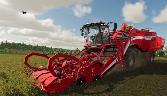 A red farm vehicle, as seen in Farming Simulator 22