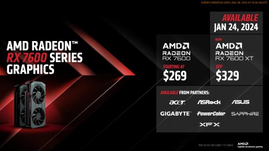 The AMD Radeon RX 7600 XT and Radeon RX 7600 graphics cards (left), with details on their pricing adjacent (right)