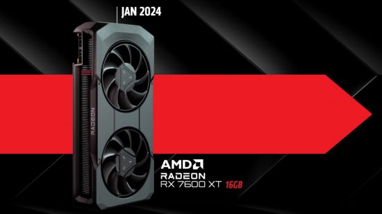 The AMD Radeon RX 7600 XT graphics card, featuring a red stripe behind it, and its releaes date 'Jan 2024' sticking out from the top of its cooler