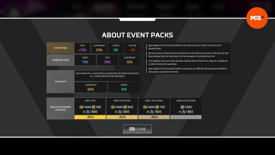Apex Legends Final Fantasy 7 Rebirth-Event – ​​Ein Bildschirm, der erklärt, wie sich der Preis von Event-Paketen ändert, wenn mehr freigeschaltet werden.