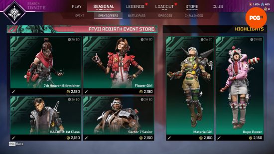 Apex Legends Final Fantasy 7 Rebirth event - Six 'legend skins' available to purchase in the in-game shop for the free Battle Royale game.
