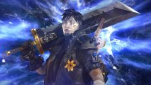 Apex Legends' Final Fantasy death box costs $300: An anime drawing of an Asian man wearing a black outfit holding a huge black sword on an electrical background