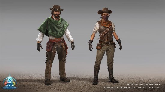 Ark Survival Ascended Scorched Earth – Zwei Charaktere in Cowboy-Outfits aus dem kommenden Frontier Adventure DLC-Bundle.