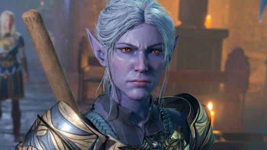 Baldur's Gate 3 mod DnD feats: Minthara from BG3, with her white hair, light purple skin, and golden armor