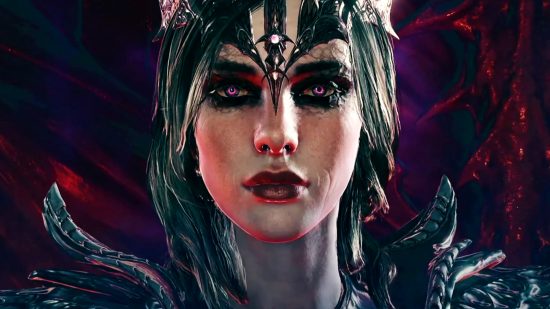 Baldur's Gate 3 Illithid powers get a big upgrade with this mod - A dark-haired woman wearing heavy black eyeshadow. Her eyes glow a piercing magenta.