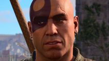 Baldur's Gate 3 patch 6 Steam: a bald man with a circular purple tattoo over his right eye and forehead