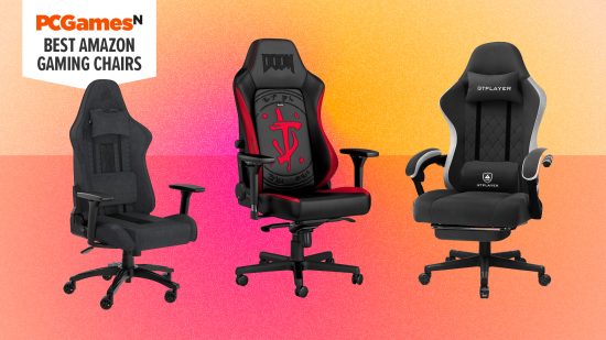 Three of the best Amazon gaming chairs on a pink gradient background