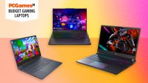 Three of the best budget gaming laptops on a pink gradient background