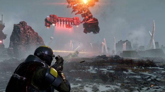 The player watches on as a spacecraft crashes onto the planet in Helldivers 2, one of the best coop games.