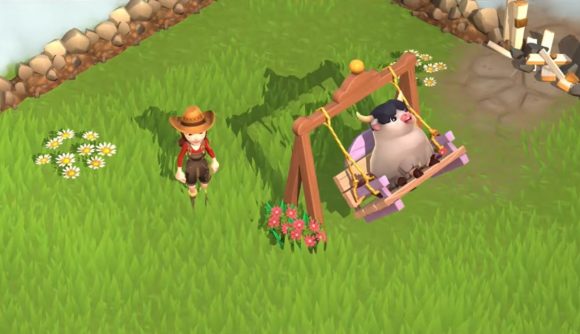Best farm games: Sunrise Village. Image shows a farmer near a cow on a swing.