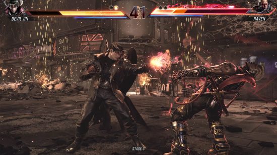 Best fighting games: A battle ensues in Tekken 8 as Devil Jin fires a shot at Raven, who bends backwards to avoid it