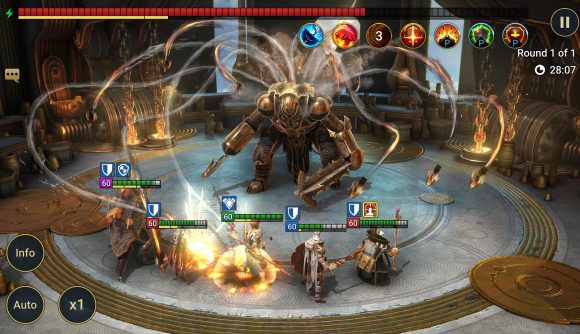 Best free Steam games: Raid: Shadow Legends. Image shows a battle in progress between champions and a giant mech creature.
