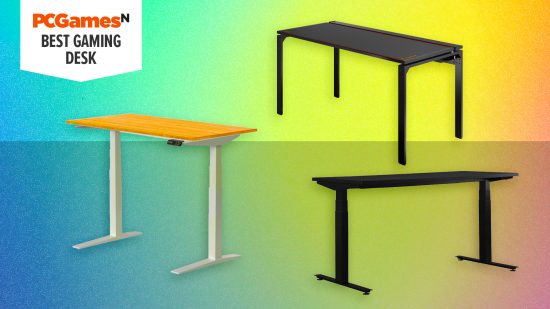 Three of the best gaming desks on a bright gradient background